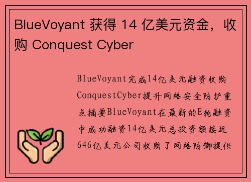 BlueVoyant 获得 14 亿美元资金，收购 Conquest Cyber 